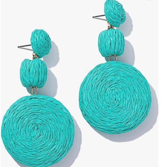 Chunky Teal Raffia Earrings Wicker Bold Statement Wicker Dangle Beach Vacay New - Picture 1 of 8